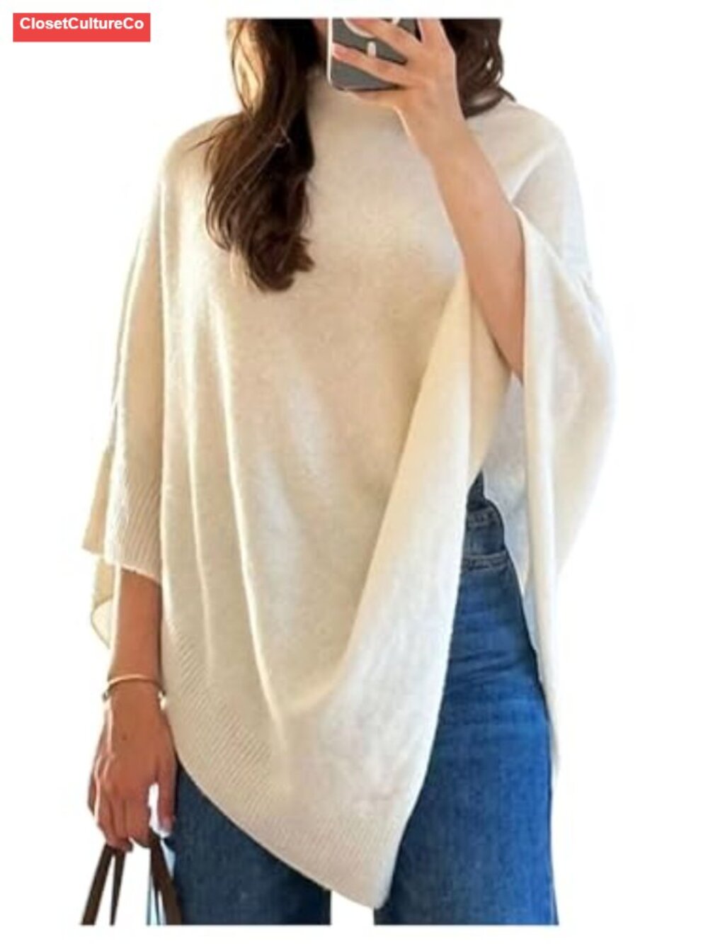 Dolman Sleeve Poncho Top Crochet Knitted Loose Fit Lightweight Pullover Sweater